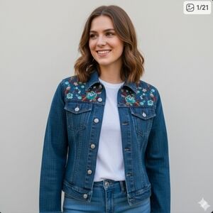 Oilily Floral Embroidered Women's Denim Jacket Size US 4 Western Jean Jacket NEW